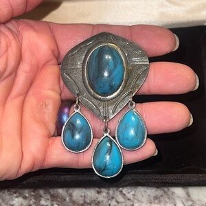 Vintage Navajo Silver Pin with Turquoise Stones